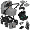 A collection of baby travel system components, including a stroller, car seat, and accessories, displayed against a white background. Produktbild-Vorschau