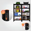 Two black metal shelving units filled with various items, with close-up diagrams of assembly features. Náhľad obrázku produktu