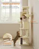 A multi-level cat tree with two cats interacting with it, set in a well-lit room with a window. Produktbild-Vorschau