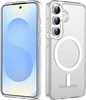 A clear plastic phone case with a magnetic ring is shown from the front and back. Voir les images du produit