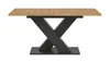 A dining table with a wooden top and a black X-shaped base, presented on a white background. Produktbild-Vorschau
