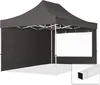 A dark gray pop-up tent with a clear window panel and a close-up of a white pole connector. Produktbild-Vorschau