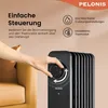 A hand is shown adjusting the dial on a black oil-filled radiator heater, with text overlays describing its features. Produktbild-Vorschau