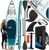 A woman in a wetsuit stands next to an inflatable stand-up paddleboard (SUP) with various accessories laid out around it. Náhled obrázku produktu