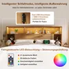 A bed with a headboard featuring integrated storage and LED lighting, with a wireless charger on the bed. The image highlights features like USB ports and lighting options. Náhled obrázku produktu