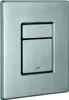 A close-up studio shot of a brushed stainless steel toilet flush plate with dual buttons. Produktbild-Vorschau