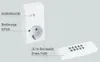 A wireless socket set with a remote control, showing the socket plugged into a wall outlet and the remote control nearby. There are also lines indicating wireless signal transmission and text labels pointing to features. Produktbild-Vorschau