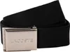 A black fabric belt with a silver buckle is shown against a white background. Produktbild-Vorschau