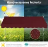 A split image showing a red awning in sunny and rainy conditions, with close-ups of the material and text describing its features. Anteprima dell’immagine prodotto