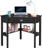 A black corner desk with a laptop, a mug, books, and decorative items. Produktbild-Vorschau