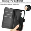 A hand holding a black flip phone case, showing the interior card slots and the phone holder. Produktbild-Vorschau