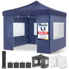 A collage showing a blue pop-up tent, its folded frame, sandbags, a gray tent, and a white tent. Produktbild-Vorschau