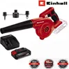 A collage of a red Einhell cordless leaf blower kit with battery and charger. Produktbild-Vorschau