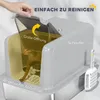 A cat is inside a litter box, with a hand opening the lid. Text overlays highlight features. Produktbild-Vorschau