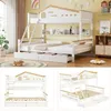 A collage of images showing a white and wood bunk bed with a house-shaped top, storage shelves, and drawers. The main image shows the bunk bed in a room setting with a plant and rug. The other images are close-ups of the bunk bed from different angles. Produktbild-Vorschau