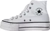 A side view of a white Converse Chuck Taylor All Star high-top sneaker with a platform sole. Voir les images du produit