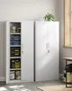 Two white metal storage cabinets in a room, with the left cabinet open to reveal shelves stocked with tools and supplies. Náhled obrázku produktu