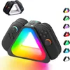A black charging station for Nintendo Switch Joy-Cons, featuring a triangular design with RGB lighting and multiple charging slots. Several smaller images on the right show the charging station with different LED color options. Produktbild-Vorschau