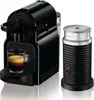 A black Nespresso coffee machine and a silver milk frother are displayed side-by-side on a white background. Produktbild-Vorschau
