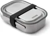 A stainless steel lunch box with a black strap and a fork attached. Podgląd zdjęcia produktu