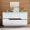 A modern white sideboard with a black accent and blue LED lighting is displayed in a room with wood-paneled walls. Voir les images du produit