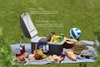 A picnic setup on grass with a cooler, food, drinks, and recreational items. Podgląd zdjęcia produktu