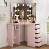 A pink vanity table with a tri-fold mirror and LED lights, set up in a room with sheer curtains. Voir les images du produit