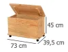 A wooden toy chest with wheels and an open lid, with dimensions indicated by text overlays. Podgląd zdjęcia produktu