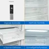 A collage of images showcasing different features of a refrigerator, including its digital control panel, freezer drawers, and internal lighting. Produktbild-Vorschau