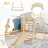A wooden indoor climbing structure with a slide, ladder, and net, set up in a child's room with decorative elements on the wall. Produktbild-Vorschau