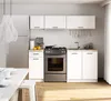 A modern, white kitchen with stainless steel appliances and wooden floors. Produktbild-Vorschau