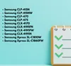 A list of Samsung printer models on a light blue background, with a stylized notepad and checkmarks on the right. Produktbild-Vorschau