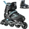 A pair of black and blue inline skates is shown, with a smaller image of ice skates in the background. Anteprima dell’immagine prodotto
