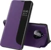 A purple flip case for a Huawei Mate 40 Pro phone is shown standing upright, with the phone's back and camera module visible. Produktbild-Vorschau