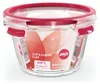 A clear, well-lit studio shot of a round glass food storage container with a red lid and clips. Náhľad obrázku produktu