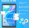 A tablet displaying the Android 13 OS interface, with feature callouts and app icons. Voir les images du produit