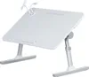 A white laptop bed table with adjustable legs, a built-in fan, and a light. Produktbild-Vorschau