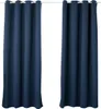Two dark blue curtains hanging from a white rod against a white background. Produktbild-Vorschau