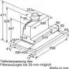 Technical drawing of a range hood with dimensions and labels. Náhled obrázku produktu
