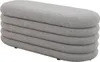A light gray boucle ottoman is shown from a side angle against a white background. Produktbild-Vorschau