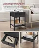 A black bedside table with a drawer and shelf is shown in a room setting, next to a sofa. Close-up shots highlight the drawer and shelf. Produktbild-Vorschau