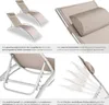 Collage of images showing details of a garden lounger, with German text descriptions. Produktbild-Vorschau