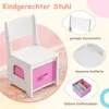 A white children's chair with a pink storage drawer, shown with callouts highlighting its features. Produktbild-Vorschau