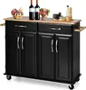A black kitchen cart with a wooden countertop is shown against a white background. The cart has two drawers and four cabinet doors, with silver handles. It is equipped with wheels and towel racks on the sides. Decorative items like ice cream, wine bottles, Náhľad obrázku produktu