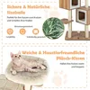 A split image showing features of a cat tree. The top section highlights the sisal rope and its durability, with a close-up of plants. The bottom section shows a cat resting on a plush cushion. Podgląd zdjęcia produktu