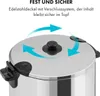 A close-up view of the lid of a stainless steel pot, with arrows indicating a locking mechanism. Produktbild-Vorschau