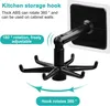 A close-up of a black rotating kitchen hook with promotional text and graphics. Produktbild-Vorschau