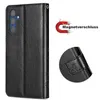 A black flip case for a Samsung Galaxy A15 phone is shown, with a close-up of the magnetic closure and a graphic illustrating a magnet. Produktbild-Vorschau