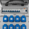 A close-up view of an electrical distribution box with multiple outlets and circuit breakers. Produktbild-Vorschau