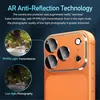 Close-up of an orange smartphone camera module with marketing text and sample photos. Produktbild-Vorschau